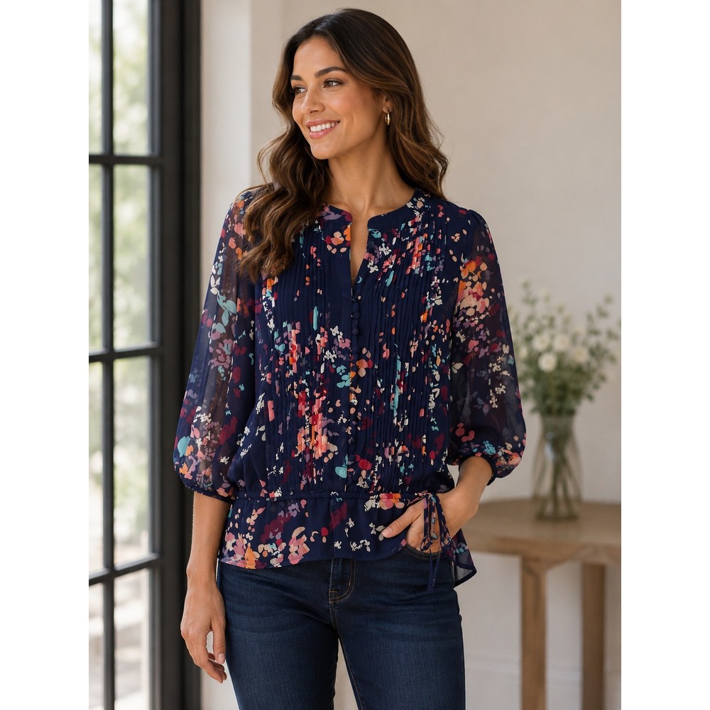 ana A New Approach Petite Medium Navy Floral Pintuck Peplum Blouse 3/4 Sleeve PM
